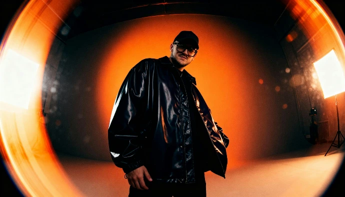 Man in shiny jacket posing in studio with orange background.